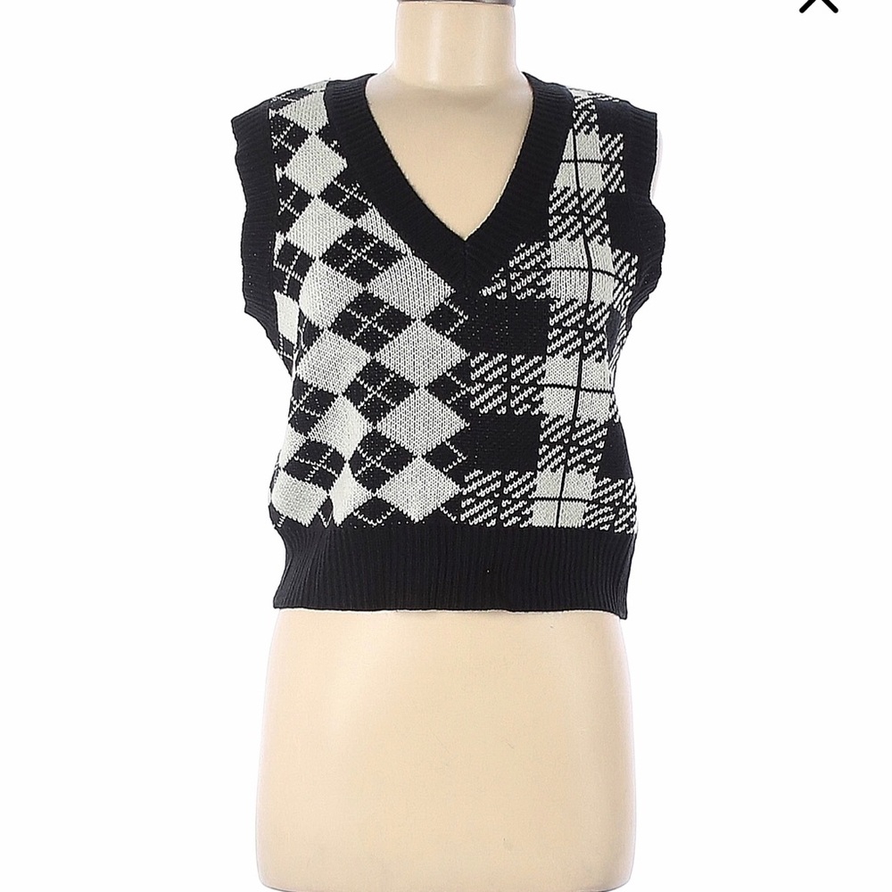 Black and White V-Neck Sweater with Asymmetrical Patterns